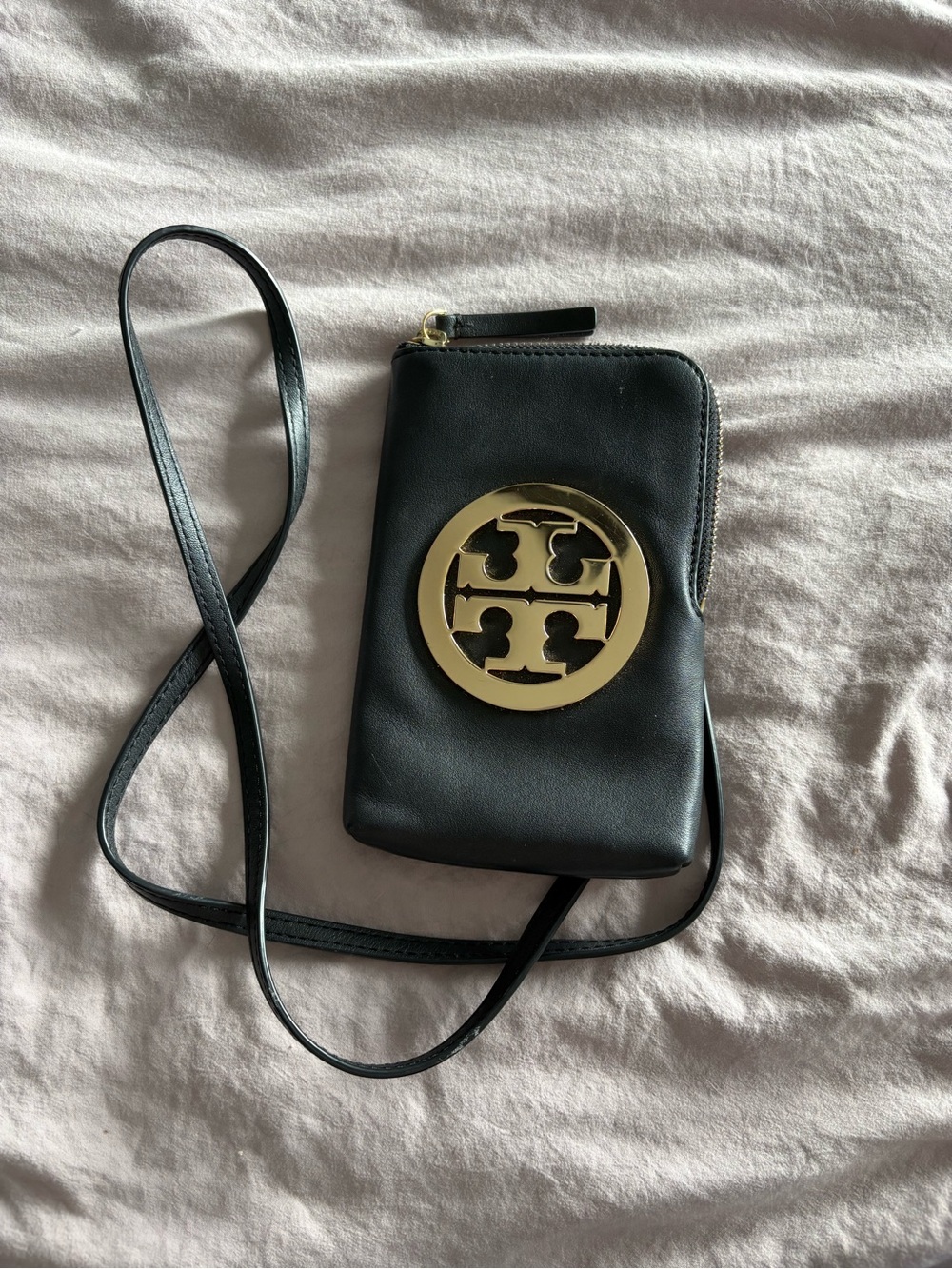 Tory Burch Black Leather Crossbody Phone Wallet with Gold Emblem